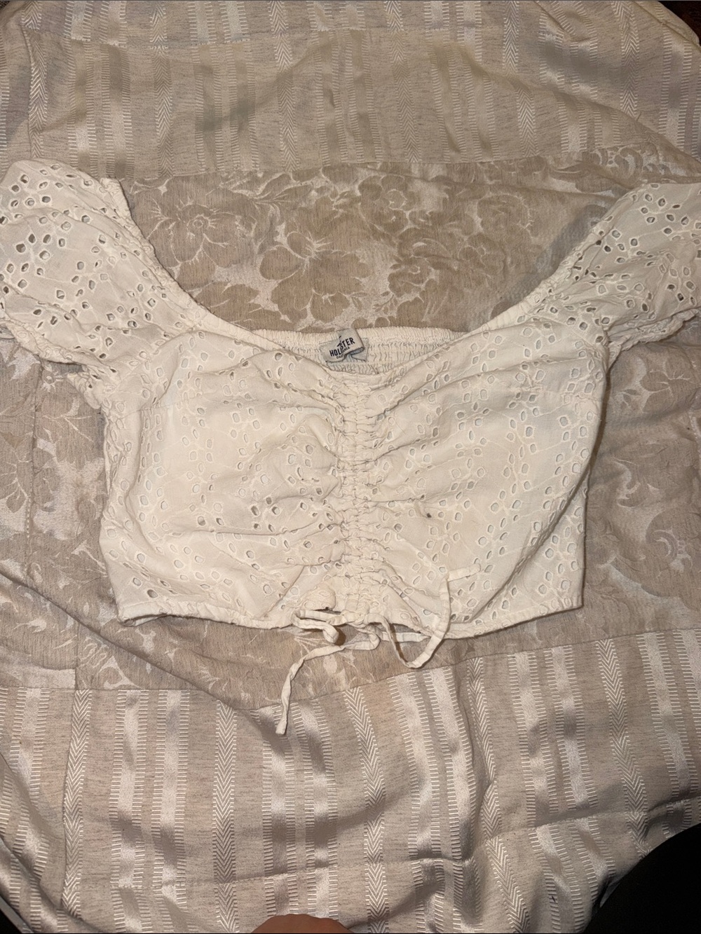 Hollister White Eyelet Ruched Drawstring Crop Top